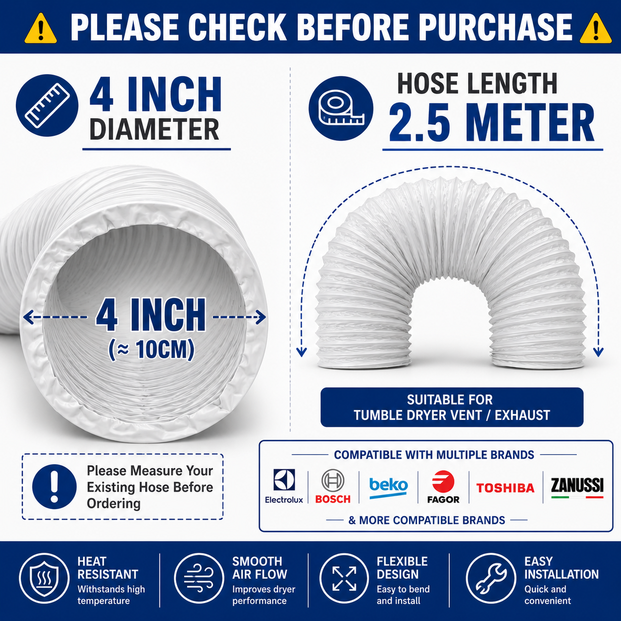 4 Inch x 2.5 Meter Tumble Dryer Vent Hose Dryer Exhaust Hose Electrolux Bosch Beko Fagor Toshiba EDV6051 EDS7051 EDV7051