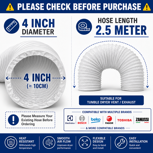 4 Inch x 2.5 Meter Tumble Dryer Vent Hose Dryer Exhaust Hose Electrolux Bosch Beko Fagor Toshiba EDV6051 EDS7051 EDV7051